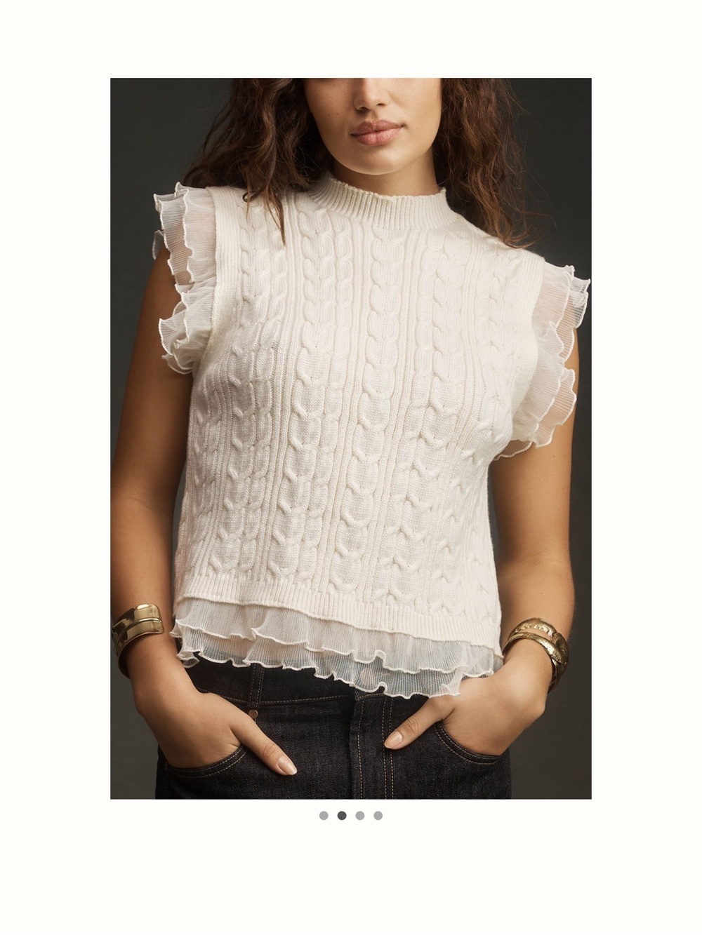 Anthropologie Cream Cable Knit Ruffle-Trim Sleeveless Sweater